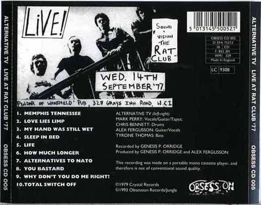 Alternative TV - Live At The Rat Club '77 - UK CD 1993 (Obsession/Jungle - OBSESS CD005) Tray