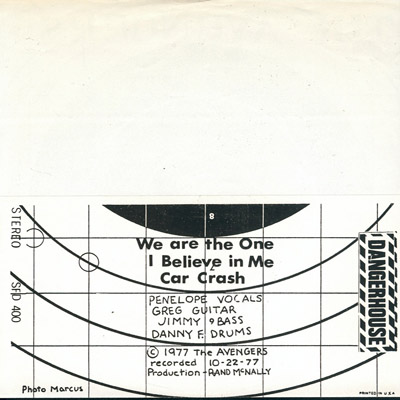 Avengers - We Are The One - US 7" 1977 (Dangerhouse - SFD-400). "Target" Sleeve Back Cover