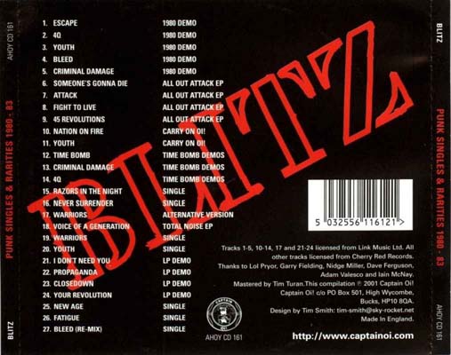Blitz - Punk Singles & Rarities 1980-83 - UK CD 2001 (Captain Oi! - AHOY CD 161)  Tray