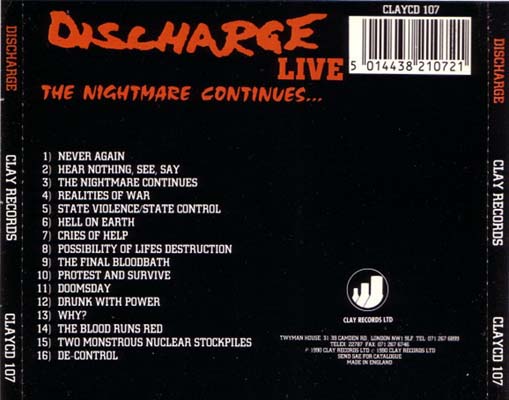 Discharge - Live The Nightmare Continues... - UK LP 1990 (Clay - CLAY 107)