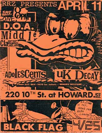 DOA / Middle Class / Adolescents / UK Decay / Black Flag 1981 handbill
