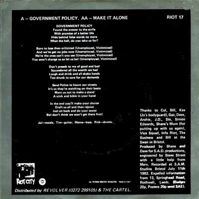 The Expelled - Government Policy - UK 7" 1982 (Riot City - RIOT 17) Back