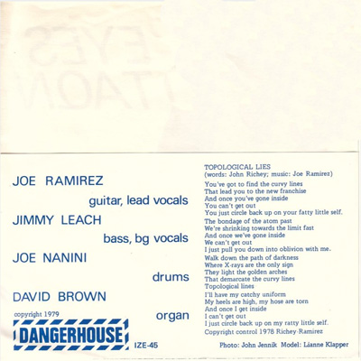 Eyes - TAQN - US 7" 1979 (Dangerhouse - IZE-45) Back Cover