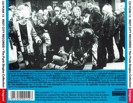 Various - Riot City: The Punk Singles Collection - UK CD 1993 (Anagram - CD PUNK 15)