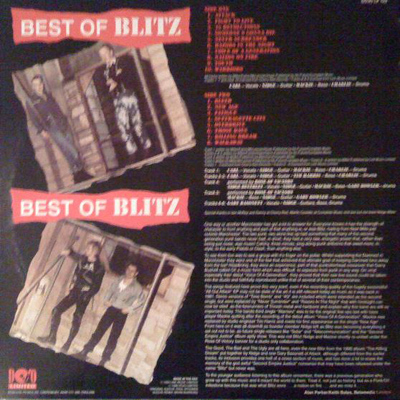 Blitz - Best Of Blitz - UK LP+7" 1993 (Dojo Limited – DOJO LP 123) Back Cover