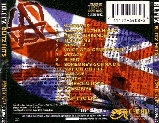 Blitz - Blitz Hits - US CD 1994 (Cleopatra - CLEO64082) Tray