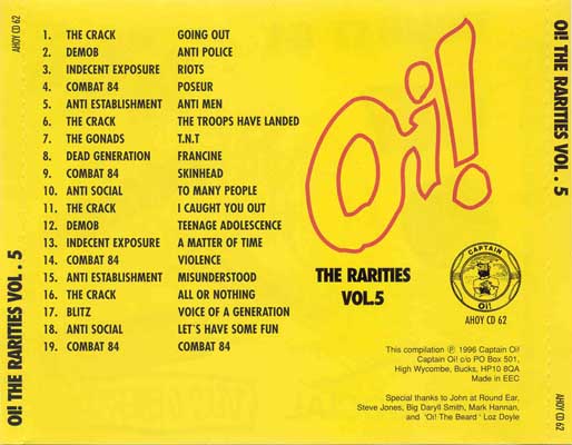 Various - Oi! The Rarities Vol. 5 - UK CD 1996 (Captain Oi! - AHOY CD 62) 